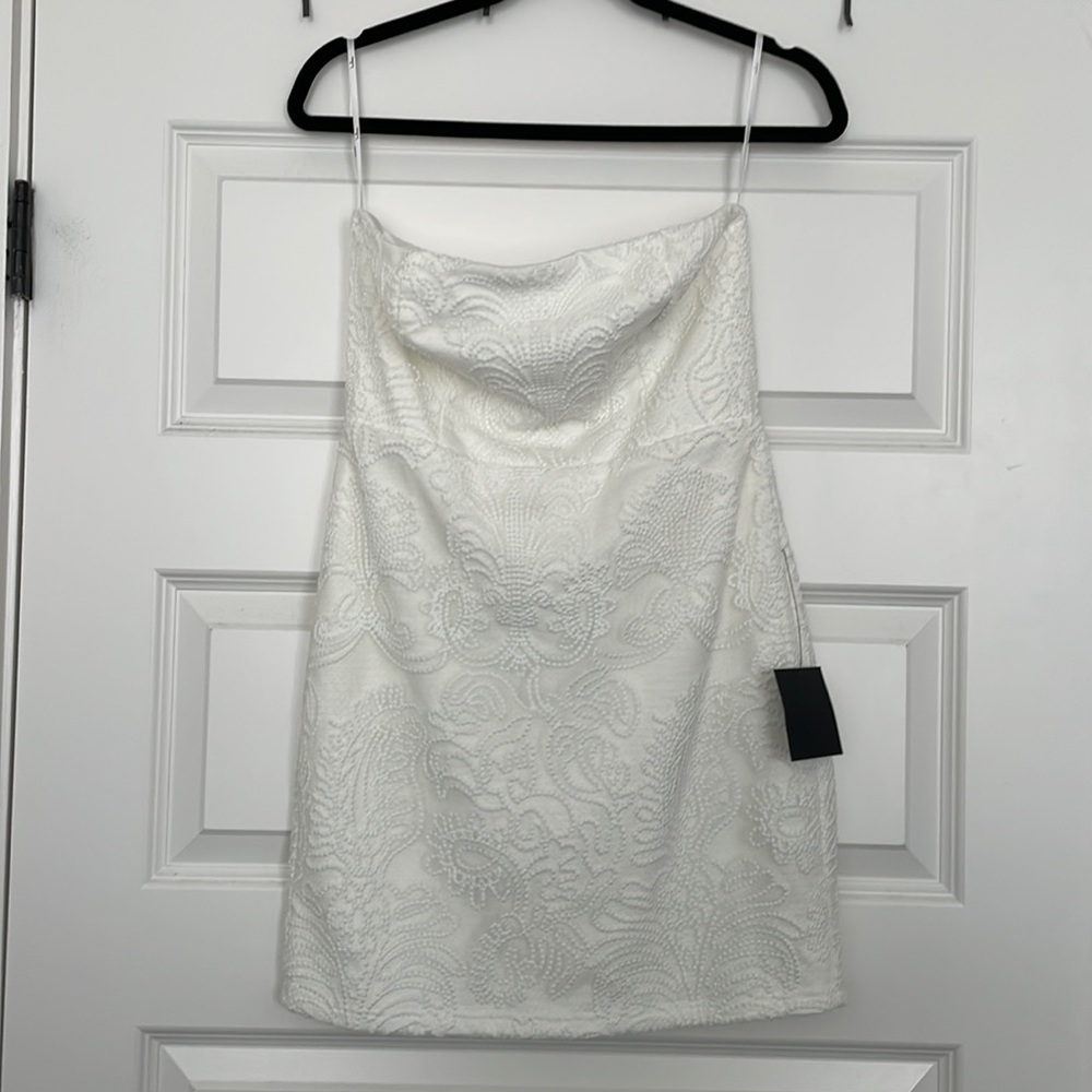 Lulu’s Got Your Attention White Embroidered Strapless Bodycon Dress